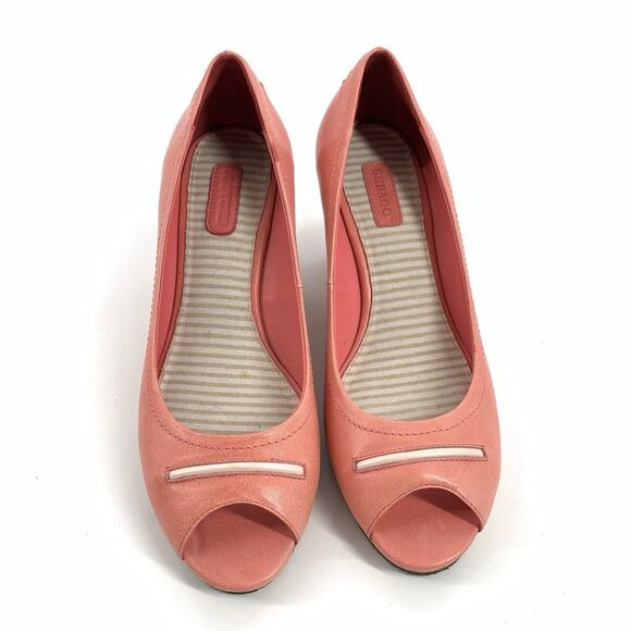 $225 Sebago Chiffon Leather Cork Wedge Peep Toe Sandals 7.5 Womens Salmon Pink - Picture 2 of 8